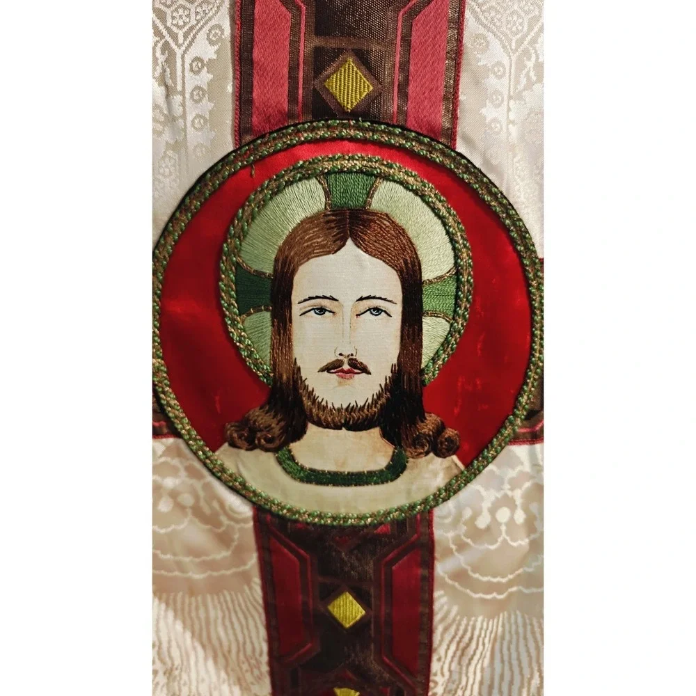 Antique Gothic Liturgical Chausable Cope Hand Painted Gold Boullion Fringe Silk